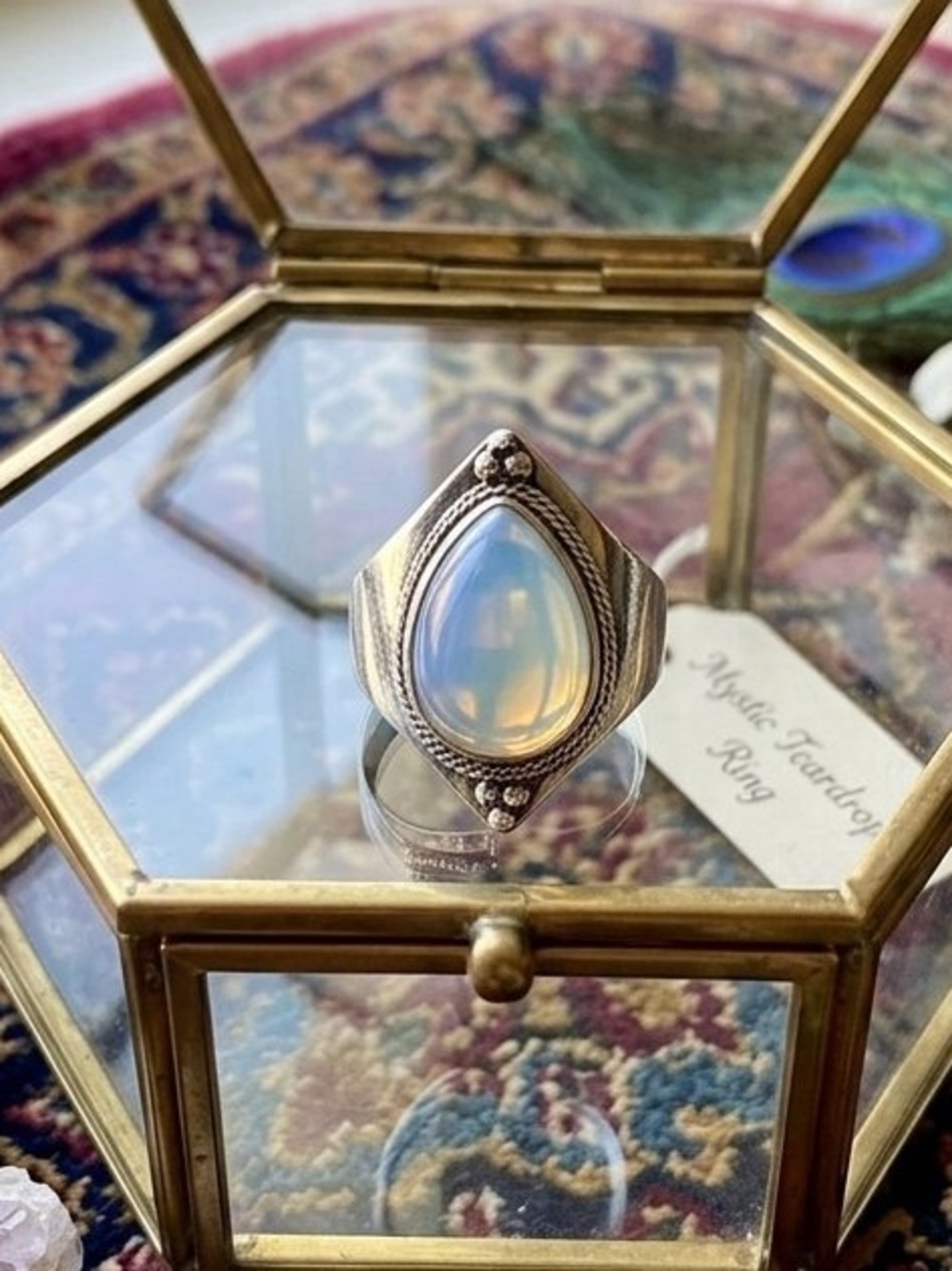 Moonstone Luminescence Teardrop Statement Ring Boho Glam Mystical Fairycore